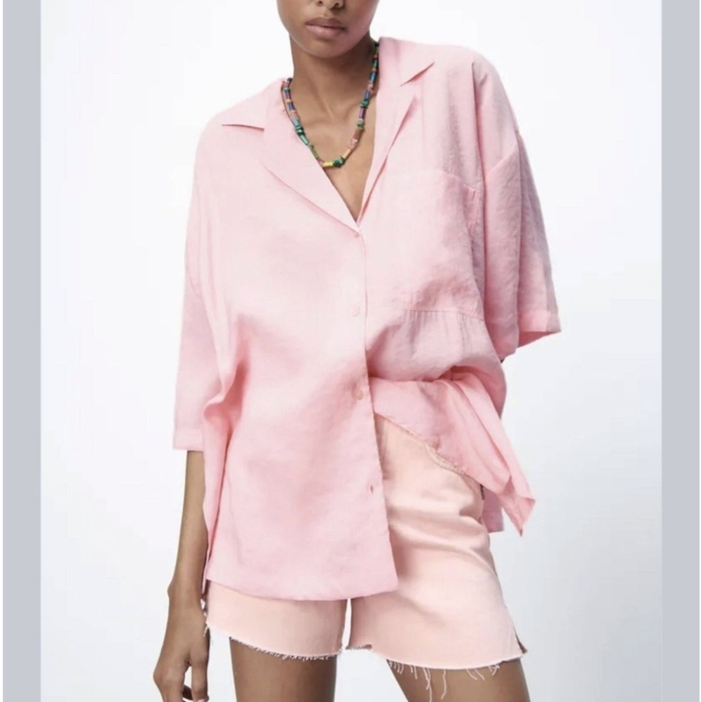 Zara Pink Modal Blend Flowy Oversized Short Sleeve Button Front Shirt